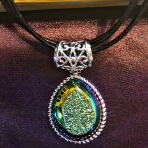 Sterling Silver Peacock Druzy Quartz Necklace